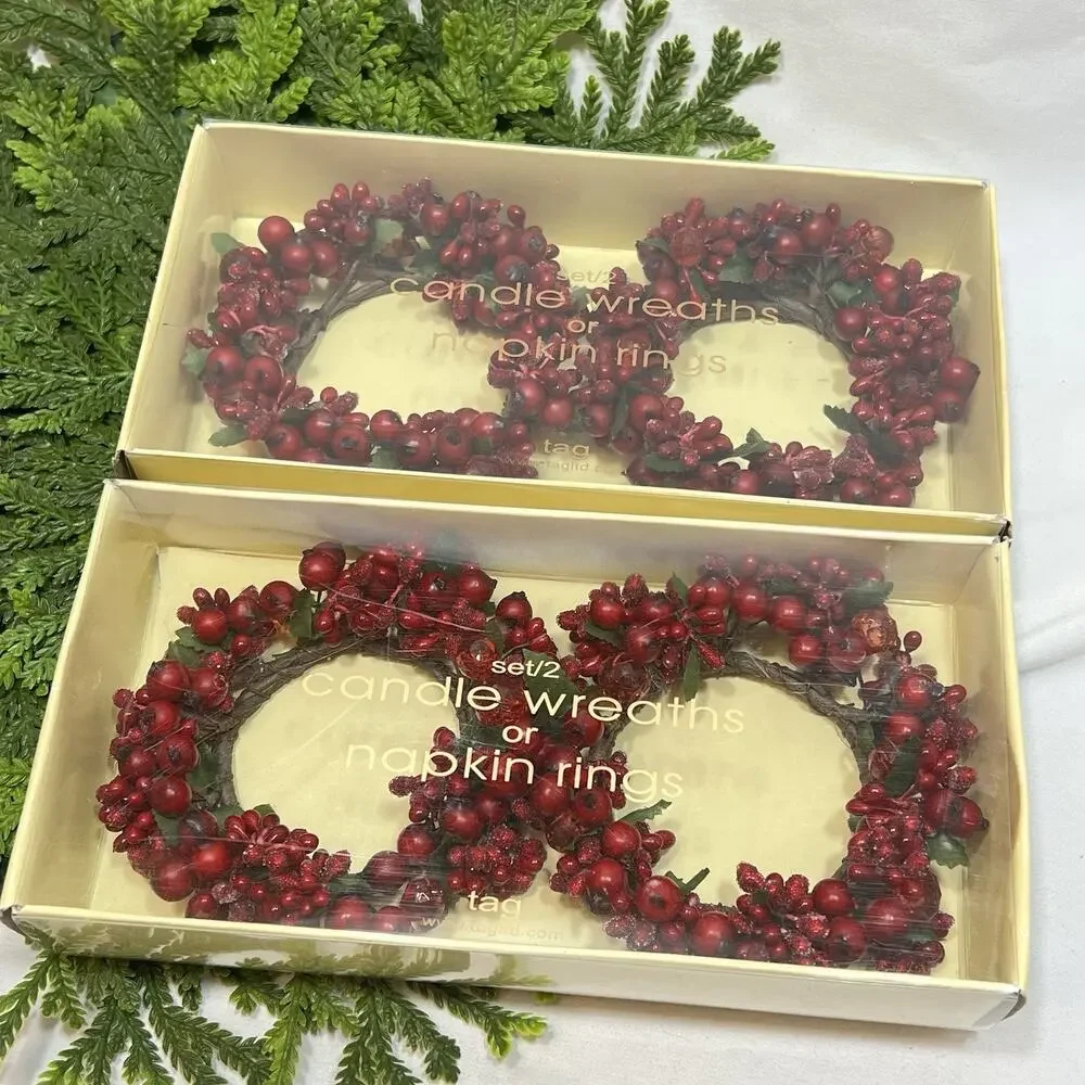 Tag Set of 4 Berry & Beads Candle Rings for 2.5” Pillar Red Berries Christmas